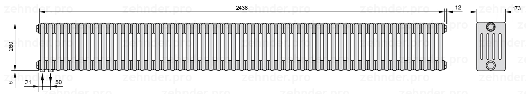 Схема (чертеж) Радиатор Zehnder Charleston 5026/53 №3370 Белый глянцевый RAL 9016